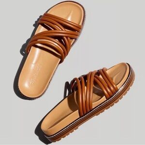 MULTI-STRAP LUGSOLE SLIDES IN LEATHER in ENGLISH SADDLE tan